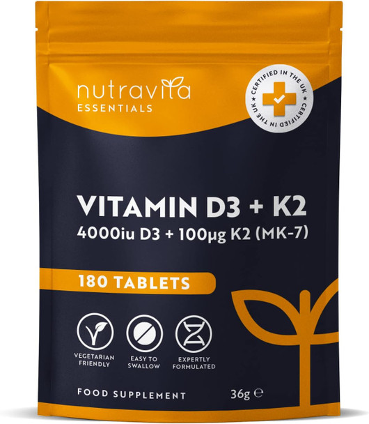 Vitamin D3 4000 Iu & Vitamin K2 100Μg (Mk7) – 180 Vegetarian Tablets – 6 Month Supply - High Strength Vitamin D Supplement For Bones, Muscles & Immune System – Nutravita