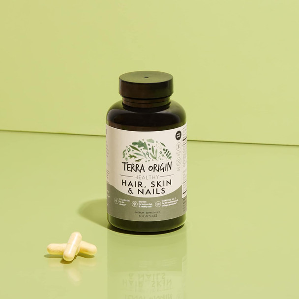 Terra Origin Healthy Hair, Skin & Nails Vitamins | 60 Veggie Capsules | Gluten | Non Gmo | Made In The Usa | 5,000 Mcg Biotin | 200 Mg Collagen | Vitamin A, C, D, B6 And B12