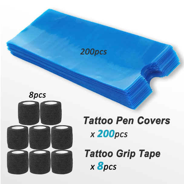 200Pcs Largetattoo Pen Machine Covers And 8Pcs Tattoo Grip Wraps - Yugui Tattoo Pen Sleeves Tattoo Machine Bags Self-Adhesive Grip Wraps Grip Covers Pen Sleeves Bags
