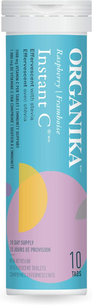 Organika Instant-C Effervescent- Raspberry, 1000Mg Vitamin C, Immune Support Tablets, 8 Tubes X 10 Tablets