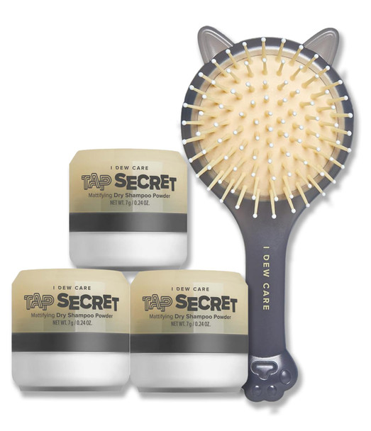 I Dew Care Dry Shampoo - Tap Secret Trio + Detangling Brush With Mirror | With Black Ginseng, Non-Aerosol, Benzene-,Powder, Fuller Looking Hair, No White Cast