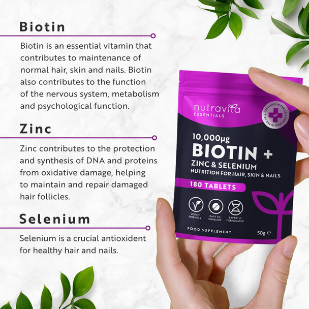 Nutravita Biotin Hair Growth Supplement 10,000Mcg - Scientifically Proven To Maintain Normal Hair Skin & Nails - 180 High Strength Vegan Tablets With Zinc & Selenium - Biotin Vitamins For Women & Men