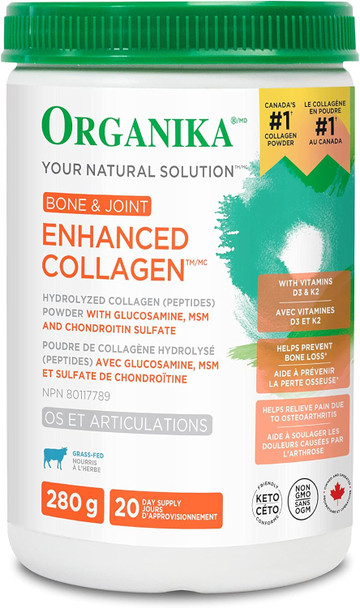 Organika Enhanced Collagen Bone And Joint Powder- With Glucosamine, Msm, Chondroitin Sulfate & Enhanced Collagen Peptides Protein Powder For Healthy Hair, Skin, Nails