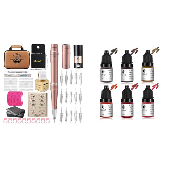 Permanent Eyebrow Makeup Tattoo Machine Kit With 15 Pcs Cartridge Needles And 6Color Tattoo Inks Set For Practice 5Ml/Bottle Tattoo Ink Pigment Kit For 3D Makeup Beauty Skin Body Art