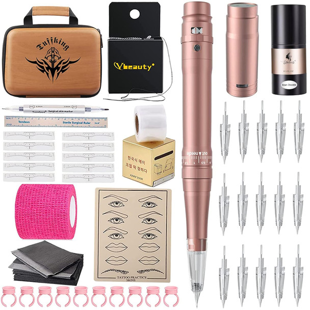 Permanent Eyebrow Makeup Tattoo Machine Kit With 15 Pcs Cartridge Needles And 6Color Tattoo Inks Set For Practice 5Ml/Bottle Tattoo Ink Pigment Kit For 3D Makeup Beauty Skin Body Art