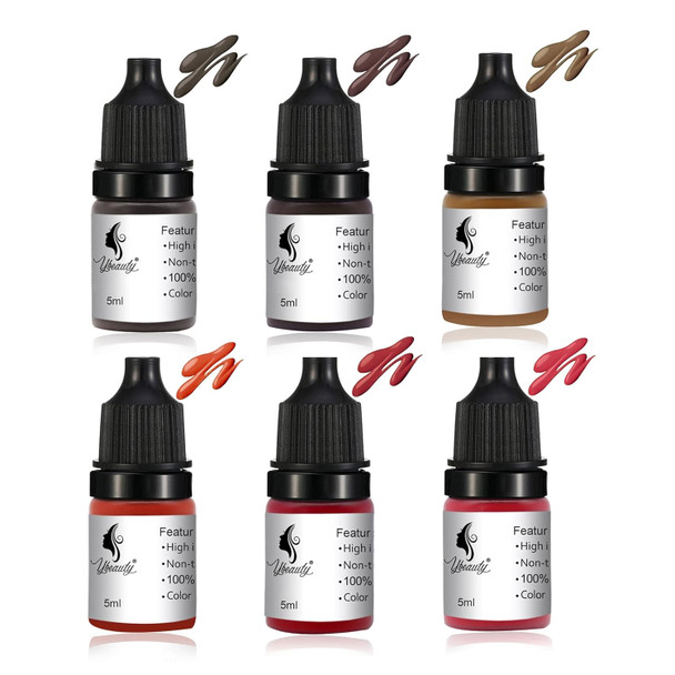 Permanent Eyebrow Makeup Tattoo Machine Kit With 15 Pcs Cartridge Needles And 6Color Tattoo Inks Set For Practice 5Ml/Bottle Tattoo Ink Pigment Kit For 3D Makeup Beauty Skin Body Art