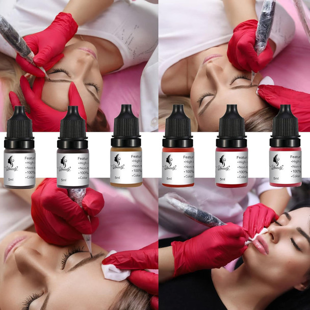 Permanent Eyebrow Makeup Tattoo Machine Kit With 15 Pcs Cartridge Needles And 6Color Tattoo Inks Set For Practice 5Ml/Bottle Tattoo Ink Pigment Kit For 3D Makeup Beauty Skin Body Art