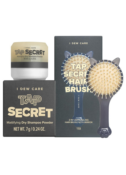 I Dew Care Dry Shampoo Powder - Tap Secret, 0.24 Oz. + Tap Secret Detangling Brush With Mirror Bundle