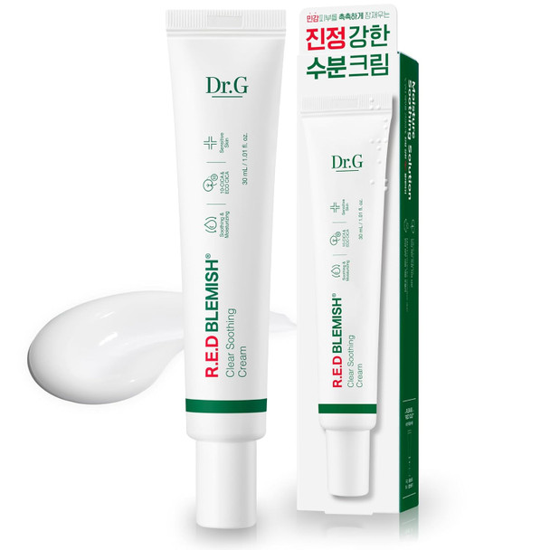 Dr.G Red Blemish Clear Soothing Cream, 30Ml - Moisturizing Recovery Cream For Sensitive Acne-Prone Skin; Cica Soothing Moisturizer, Korean Skin Care, Korean Skincare, Kbeauty, K Beauty, Korean Beauty
