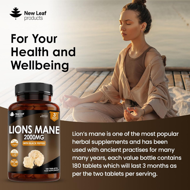 Lions Mane Mushroom Extract Supplement 2000Mg - 180 High Strength Vegan Tablets With Black Pepper - (Not Powder Or Capsules) Made In The Uk By Leaf Products