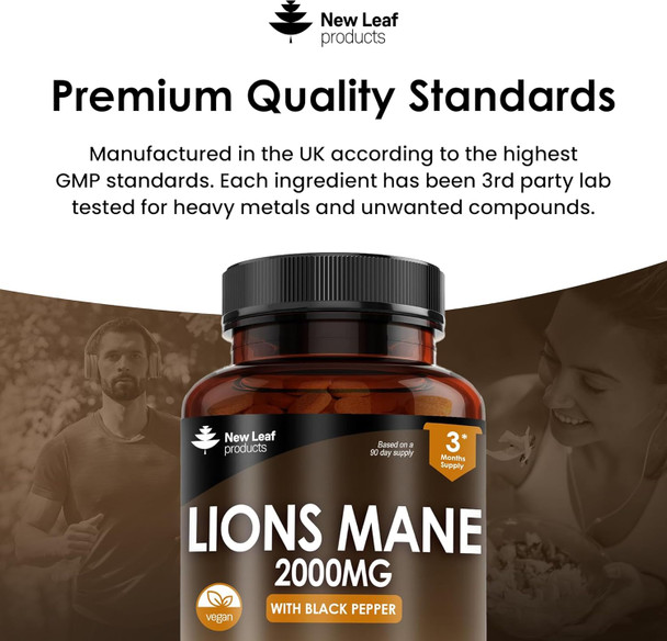 Lions Mane Mushroom Extract Supplement 2000Mg - 180 High Strength Vegan Tablets With Black Pepper - (Not Powder Or Capsules) Made In The Uk By Leaf Products
