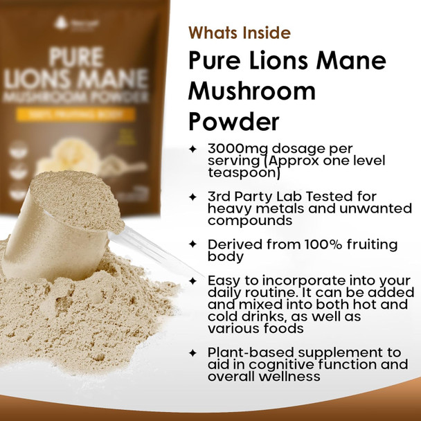 Lions Mane Mushroom Powder - Lions Mane Supplement High Strength 3000Mg Mushroom Powder - 100% Fruiting Body Lion'S Mane - 60 Servings Lions Mane Powder - Made In The Uk By Leaf