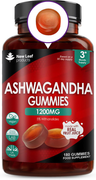 Ashwagandha Gummies 1200Mg – 3 Months Supply High Strength 5% Withanolides - Real Fruit Juice, No Artificial Colours Or Flavours – Pure Ashwagandha Root Extract, Gluten , Uk Made By Leaf