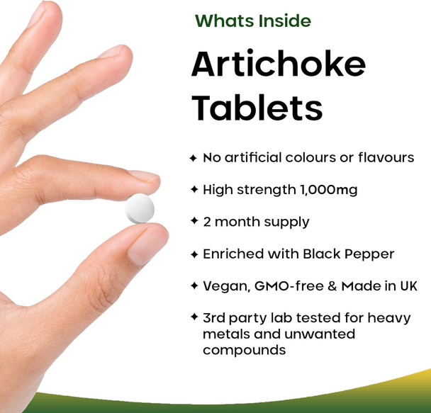 Artichoke Extract Tablets - 120 High Strength Artichoke Extract Tablets Enriched With Black Pepper - Artichoke Supplements No Inulin Or Leaf Fibre - 5% Cynarin - 1000Mg Artichoke Extract Made In Uk