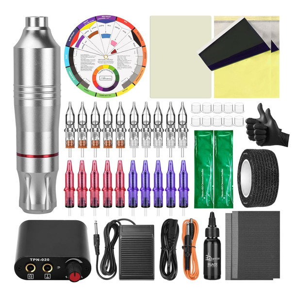 Tattoo Pen Kit Tattoo Cartridge Needles Tattoo Machine For Beginners Rotary Tattoo Pen Kits Complete Tattoo Sets (Silvery)