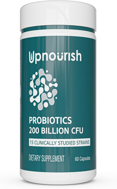 Upnourish Probiotics - 200 Billion Cfus, 15 Strains, Prebiotics & Enzymes - 60 Vegan Capsules