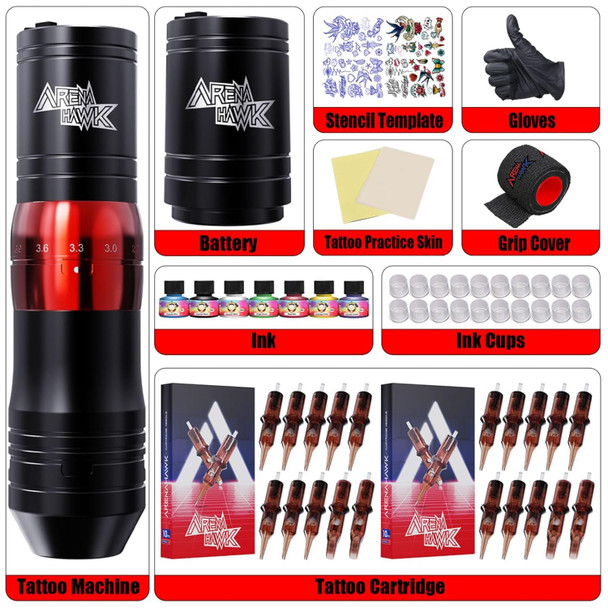 Tattoo Gun Kit With Two Tattoo Batteries Tattoo Pen Wireless Battery Tattoo Kit 7 Strokes Length 2.4-4.2Mm 20 Tattoo Cartridge Needles For Beginners(Red)