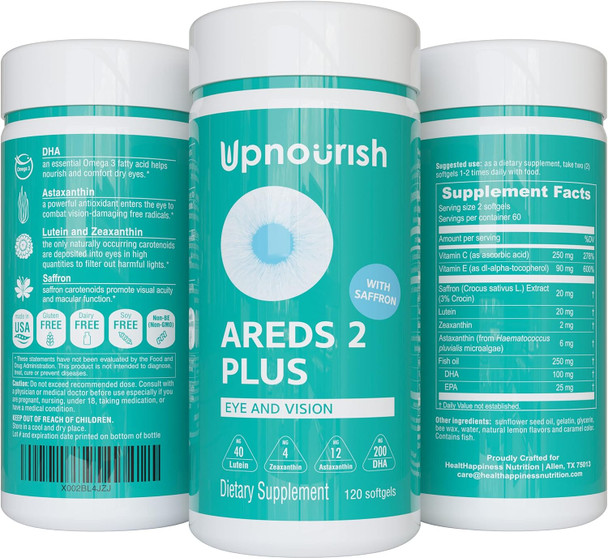 Upnourish Areds 2+ - Advanced Eye Vitamin Supplement For Macular Health And Dry Eye - Lutein, Zeaxanthin, Saffron, Astaxanthin & Dha - Supports Eye Strain, Pressure, Night Vision - 120 Softgels Upnourish Areds 2+ - Advanced Eye Vitamin Supplement For Macular Health And Dry Eye - Lutein, Zeaxanthin, Saffron, Astaxanthin & Dha - Supports Eye Strain, Pressure, Night Vision - 120 Softgels