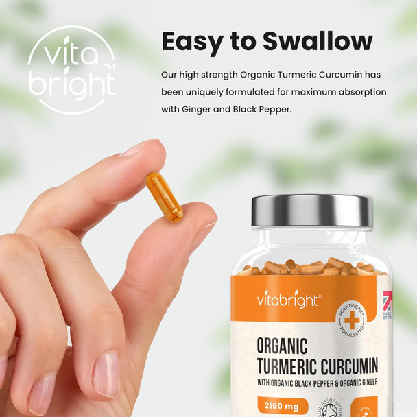 High Strength Turmeric & Black Pepper Capsules 2160Mg, 365 Caps/4 Months, Organic Turmeric Ginger & Black Pepper Capsules, Turmeric Curcumin Capsules (Not Tablets) Vitabright Tumeric Supplement Joints