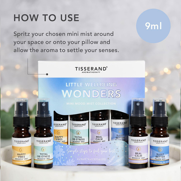 Tisserand Aromatherapy - Wellbeing - Little Wellbeing Wonders Collection - Moodfix Mist - 100% Pure Essential Oil - Miniature Mist Set - 4X9Ml