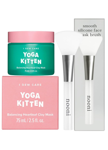 I Dew Care Heartleaf Clay Mask - Yoga Kitten, 2.5 Fl Oz + Soft Silicone Face Mask Brush Bundle