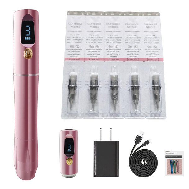 Cordless Pmu Machine, Permanent Makeup Machine Kit With 10Pcs Pmu Needles & 2 Lithium Batteries, Eyebrow Tattoo Machine For Miroblading Shading Eyebrow, Eyeliner, Lip, Small Tattoo -Pink Gold