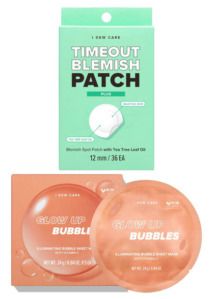 I Dew Care Bubble Sheet Mask - Glow Up Bubbles, 5 Ea + Hydrocolloid Acne Pimple Patch - Timeout Blemish Plus, 36 Count Bundle