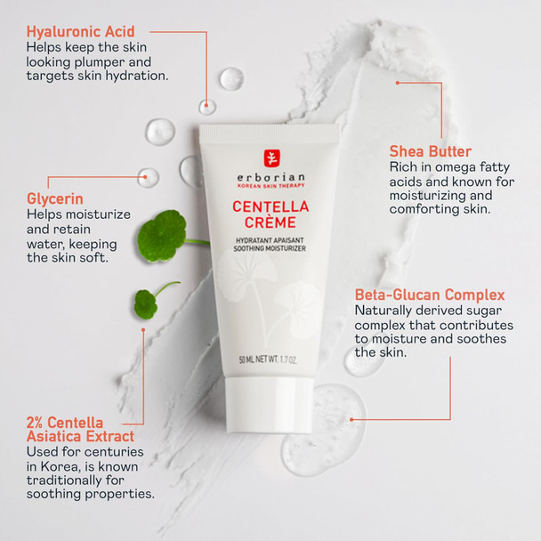 Erborian Face Moisturizer Cream Centella Cream - Ultra Light-Weight Facial Moisturizing Cream With Shea Butter, Hyaluronic Acid, Glycerin & Beta Glucan - Soothes & Hydrates Skin - All Skin Types, 50Ml