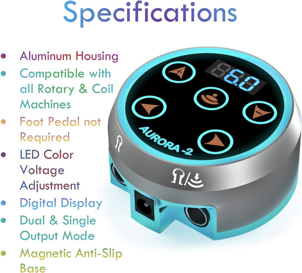 Aurora Ii Professional Tattoo Machine Power Supply- Touchscreen, Digital Display & Color Leds (Silver)