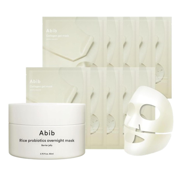 Abib Rice Probiotics Overnight Mask Barrier Jelly 2.71 Fl Oz + Collagen Gel Mask Jericho Rose Jelly 10 Sheets