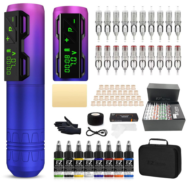 Ez Wireless Tattoo Gun Kit Complete 4.0Mm Stroke Cordless Motor P2S Rotary Tattoo Machine Pen Kit & 100Pcs Revolution Tattoo Cartridge Needles Assorted 3Rl 5Rl 7Rl 5Rs 7Rs 7M1 9M1 11M1 9Cm