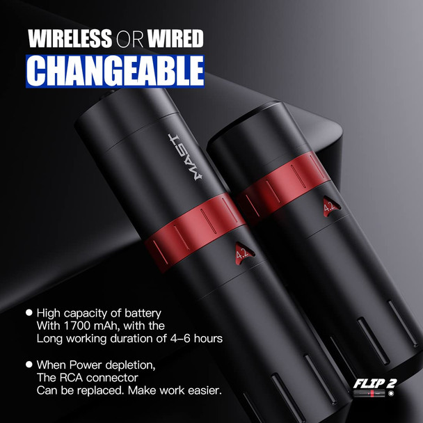 Tattoo Gun Kit - Mast Tattoo Flip2 Wireless Pen Machine Mcore-A Powerful Motor 6 Strokes Length 2 Batteries Power Supply Needles Cartridges Black Tattoo Ink For Beginners