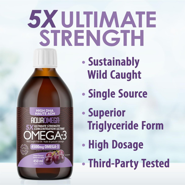 Aquaomega 5X Ultimate Strength High Dha Omega-3 Liquid With Epa And Vitamin D - Wild Caught Omega 3 Fish Oil Liquid - 4500Mg Of Omega 3 Supplements - 450Ml Grape