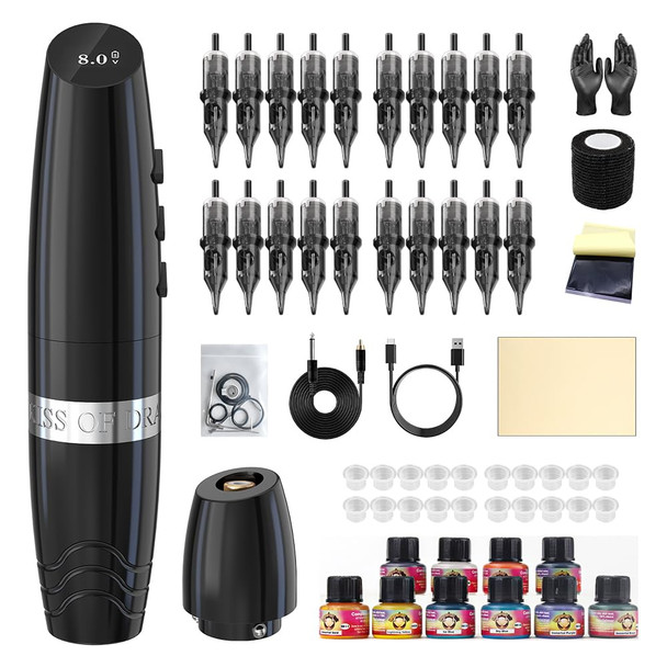 Tattoo Kit - Kiss Of Dragon Tattoo Kit Complete Wireless Tattoo Machine 1800Mah Power Supply 20Pcs Cartridge Needles Practice Skin Bandage Tattoo Kit - Kiss Of Dragon Tattoo Kit Complete Wireless Tattoo Machine 1800Mah Power Supply 20Pcs Cartridge Needles Practice Skin Bandage