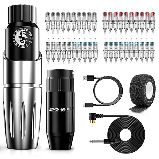 Wormhole Tattoo Pen Wireless Rotary Tattoo Kit Machine Tattoo Battery Power Supply And 40Pcs Tattoo Cartridge Needles Wireless Tattoo Pen Kit Tk126