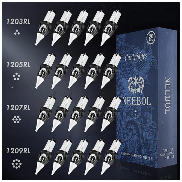 Neebol Premium Tattoo Cartridge Needles 20Pcs Disposable Needles For Tattoo Machines, Mixed #12 Standard Round Liner, Tattoo Supplies For Professionals And Beginners (1203Rl+1205Rl+1207Rl+1209Rl)