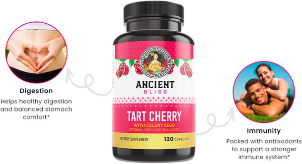 Ancient Bliss Tart Cherry Capsules, Inflammation & Joint Support Supplement For Men & Women, Tart Cherry Supplement To Support Digestion, Sleep & Vitality (120 Capsules)