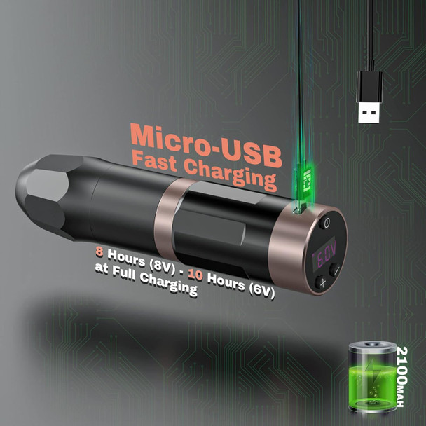 Wormhole Tattoo Gun Wireless Tattoo Machine Wireless Rotary Battery Pen Tattoo Cartridge Machine With 2100Mah Capacity Wireless Power Digital Led Display Tattoo Supply(Black)