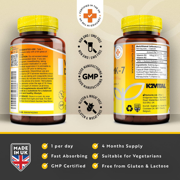 Vitamin D3 4000 Iu & Vitamin K2 100Ug Mk7 (K2Vital®) - Clinically Proven Ingredients – Max Strength - 120Capsules – Supports Normal Immune System – Cholecalciferol & Menaquinone-7 – Made In The Uk