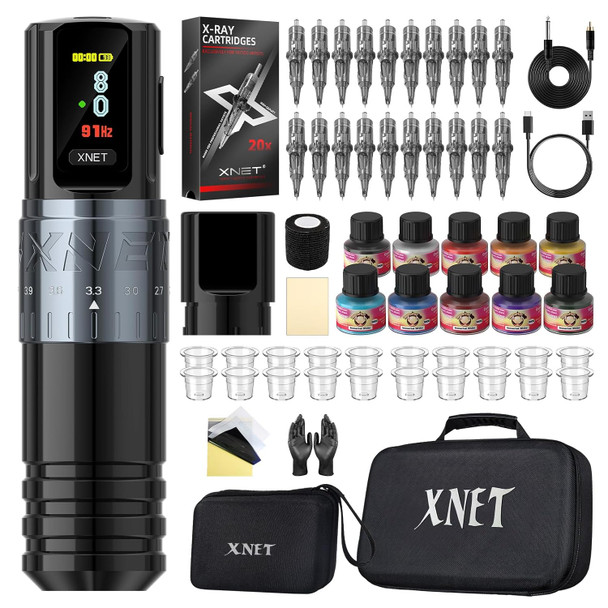 Xnet Vipera Adjustable Stroke Tattoo Gun Kit - Wireless Tattoo Machine Pen 2400Mah Battery Color Display Coreless Motor 20Pcs X-Ray Mixed Size Cartridge Needle 10 Color Inks Tattoo Artists& Beginners