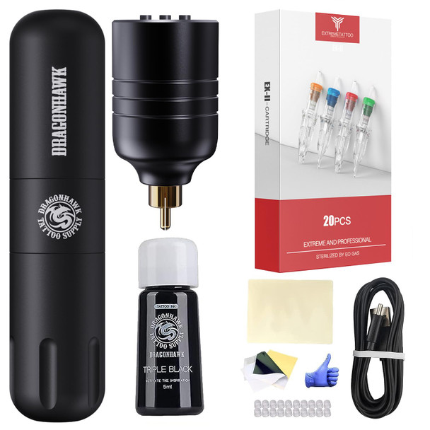Dragonhawk Wireless Tattoo Machine Beginner Complete Kit Rotary Pen 50Pcs Cartridges Needles Color Inks Battery Power Supply 375Dc