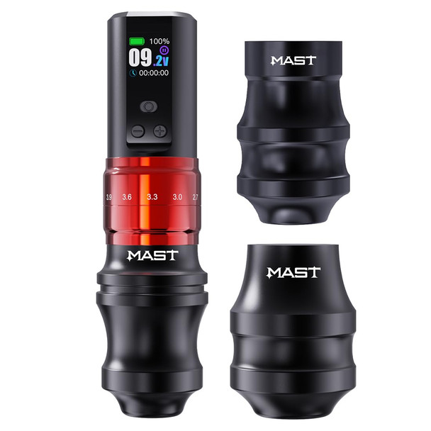 Mast Fold2 Pro Tattoo Gun, Wireless Tattoo Gun Rotary Pen Machine, Powerful Motor By Mcore, Smart Display, 7 Strokes Length For Pro Artists (Red + Extra Grip)