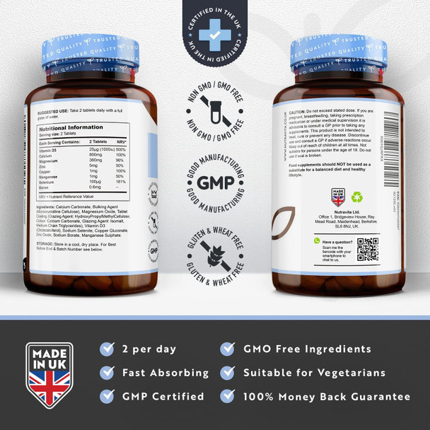 High Strength Calcium Magnesium Zinc And Vitamin D Supplement - 365 Tablets - Calcium (800Mg) Tablets With Vitamin D3 Copper Manganese Boron Selenium Complex For Bone, Skin, Muscle & Teeth - Nutravita