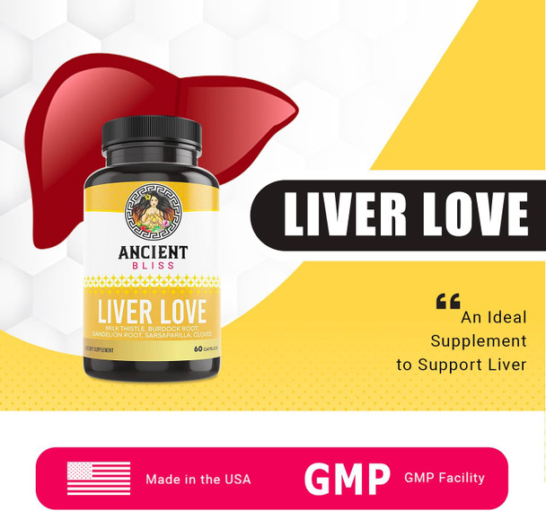 Ancient Bliss Liver Love - Natural Milk Thistle Liver Detox And Liver Health Cleanse Supplement - Support Healthy Liver In Men And Women - 60 Capsules - With Burdock, Dandelion, Cloves, And More