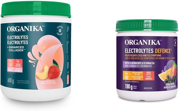 Organika Electrolytes + Enhanced Collagen - Strawberry Peach - Hydration + Protein 600 Gram & Electrolytes Defence With Elderberry And Echinacea- Citrus Berry - Immune System Support