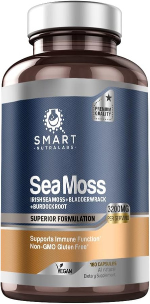 Smart Nutra Labs Organic Sea Moss 3200Mg Per Serving- 180 Vegan Capsules- Irish Sea Moss, Bladderwrack And Burdock Root- Premium Quality Supplement For Immune Support And Overall Health