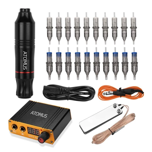 Atomus Cartridge Tattoo Machine Kit Pen Rotary Tattoo Machine With Power Supply 20Pcs Mixed Cartridge Needles Foot Pedal Dc Clip Cord