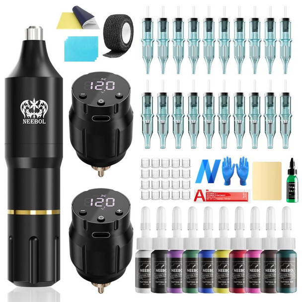Wireless Tattoo Machine + Extra Battery Package, 2X 1500Mah Battery Power Supply, Complete Cordless Tattoo Machine Kit For Beginners And Professionals, Black