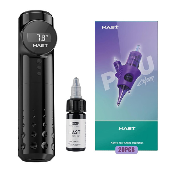 Mast Tattoo Kit, Archer Cordless Pen Machine Gun, 20 Count Cyber Needles Cartridges 1201Rl, Black Ink Color