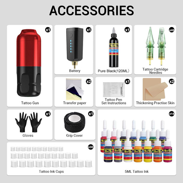 Tattoo Gun,Solong Complete Wireless Tattoo Gun Kit 1600Mah Power Supply 40Pcs Tattoo Needles 120Ml Tattoo Ink And Other Tattoo Supply Slq53Kitp803-2